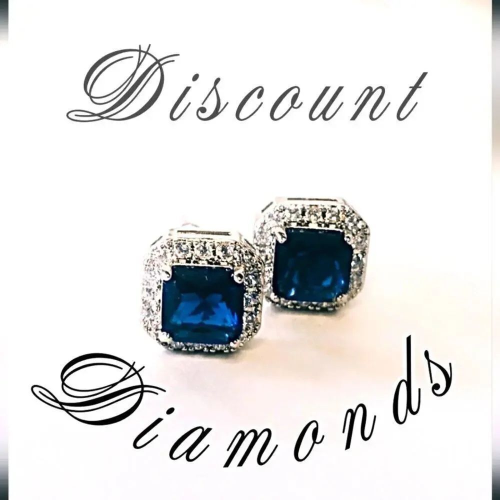 Blue Sapphire & White Baguette Diamond Earrings on 925 Sterling Silver